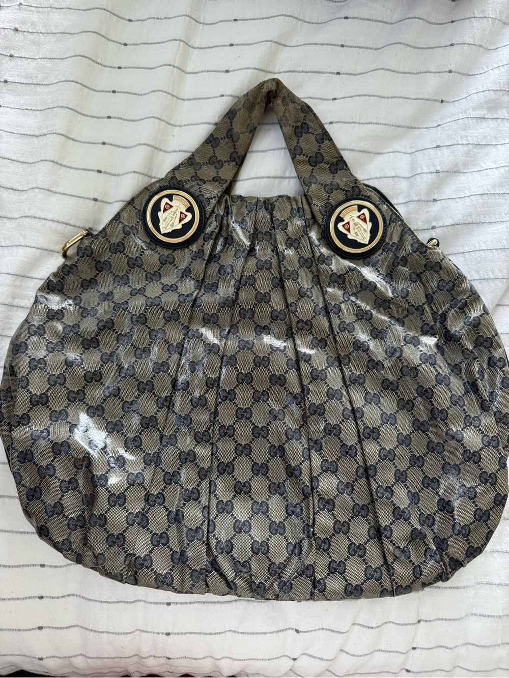 Gucci Gucissima Navy GG Canvas Hobo with Gold-Tone Medallions